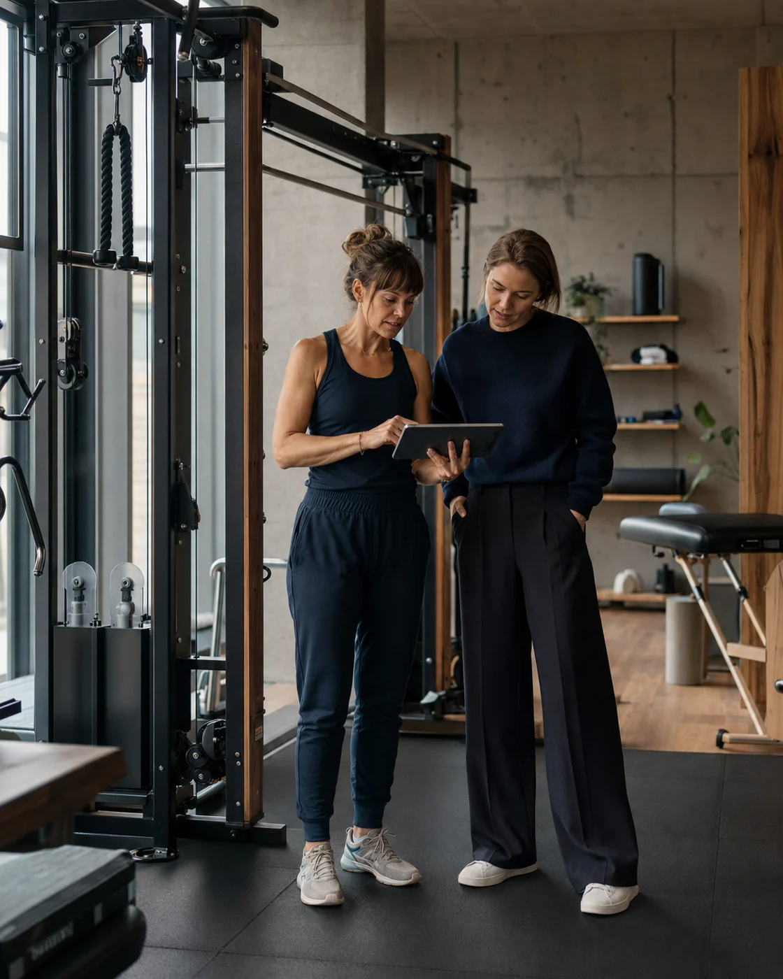 Inhaberin eines Fitnessunternehmens prüft eine digitale Lösung